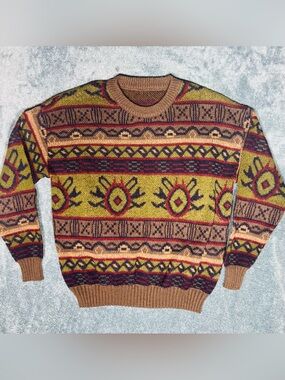 Southwestern Geometric Oversized Sweater Unisex Brown Olive Pullover